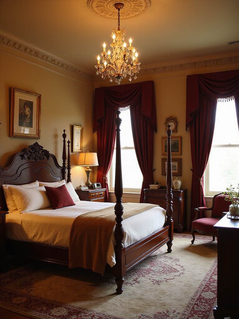 Elegant traditional bedroom with rich mahogany furniture, warm lighting, and luxurious textiles.