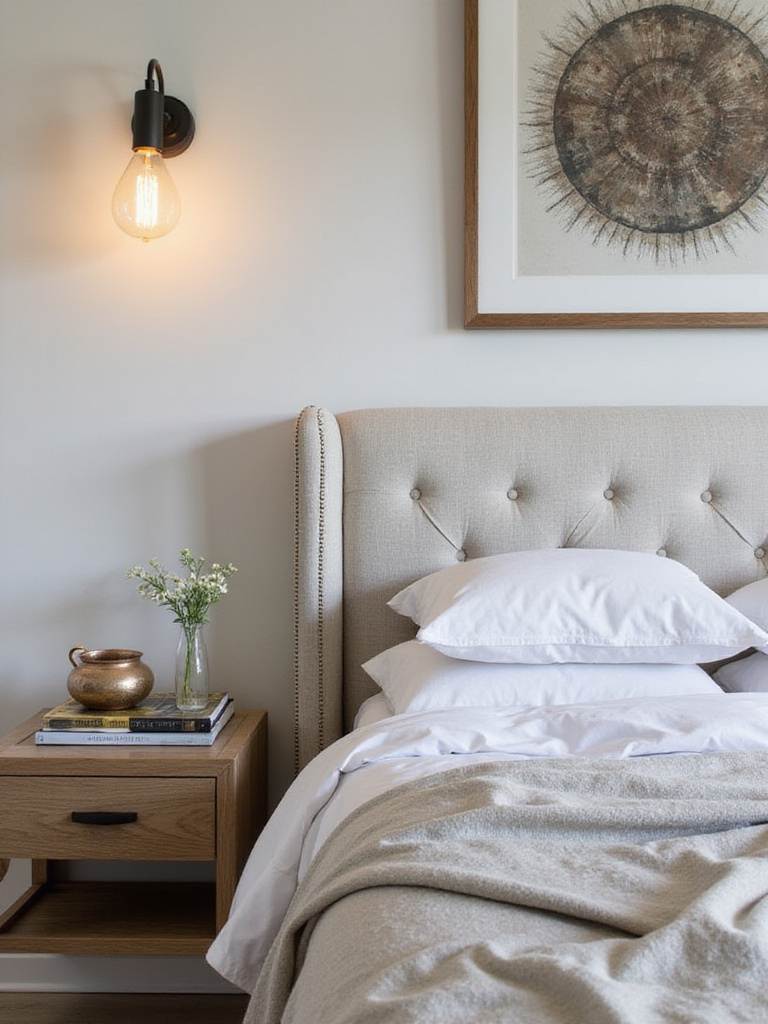 Transitional bedroom design featuring a classic tufted headboard and minimalist nightstands