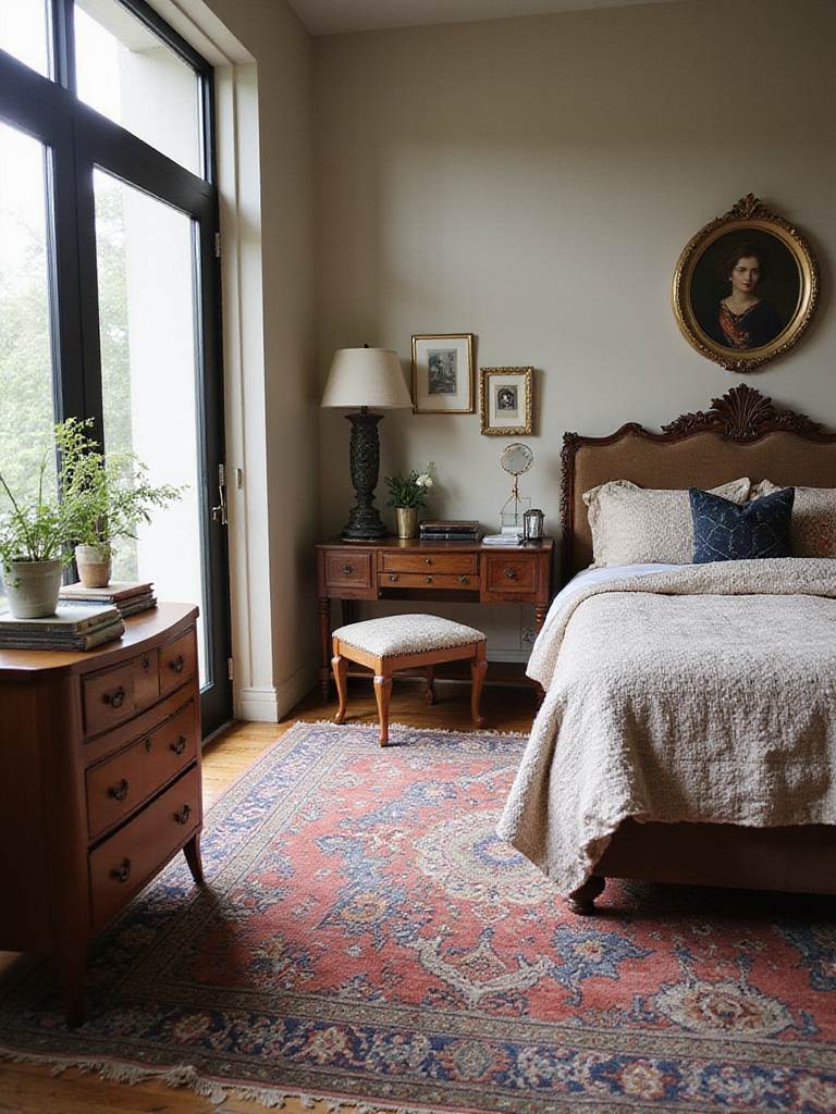Eclectic bedroom design showcasing a blend of vintage and modern styles.