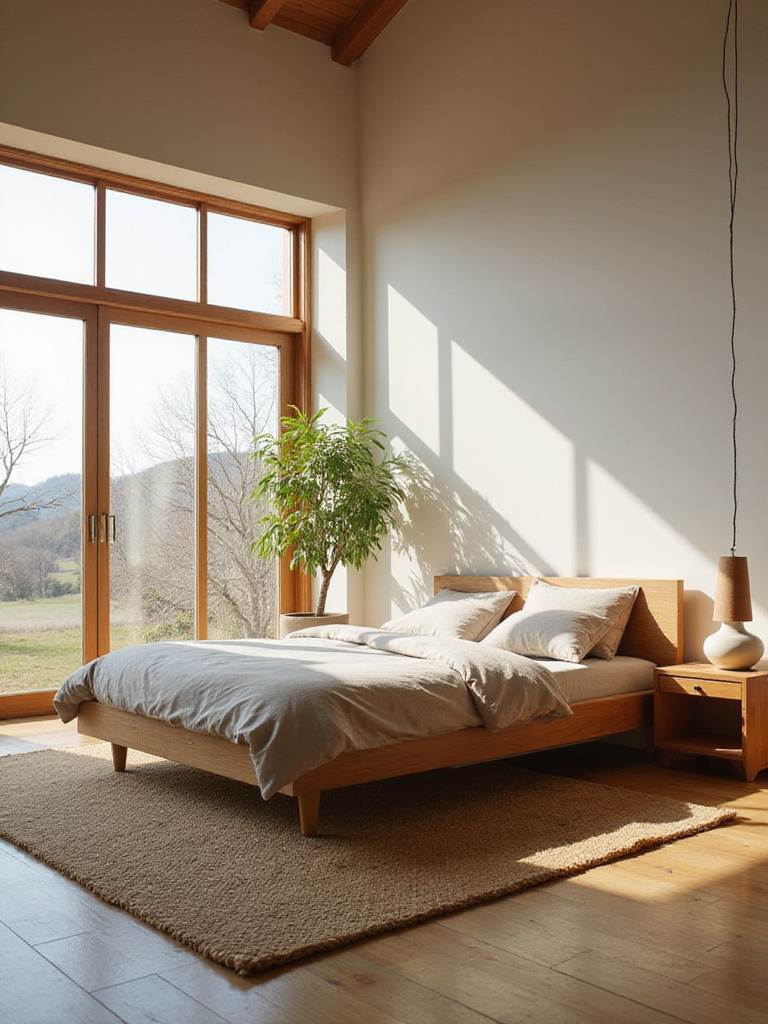 A calming Japandi style bedroom with minimalist design and natural light.