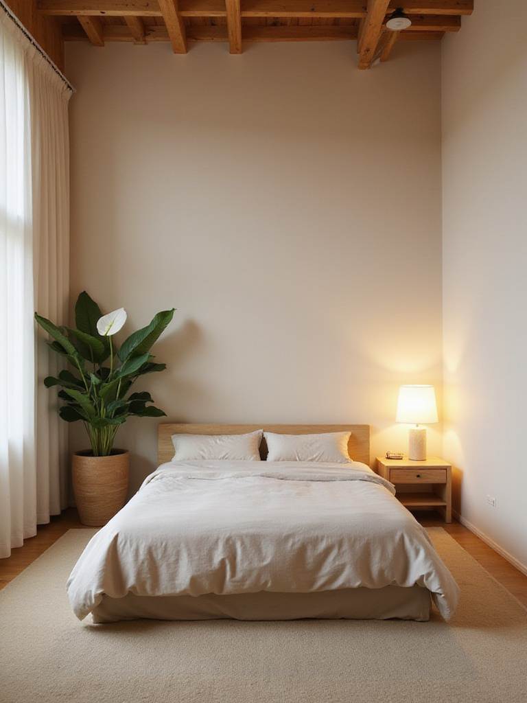 Zen sanctuary bedroom with natural elements and soft lighting