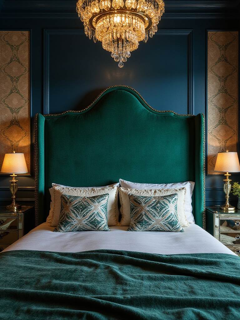 Luxurious Art Deco bedroom with emerald green headboard and mirrored nightstands