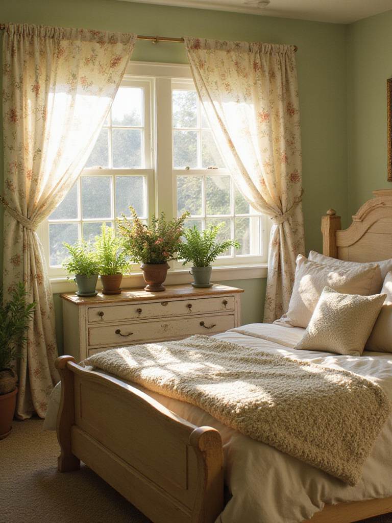 Cozy cottagecore bedroom with vintage decor and soft lighting