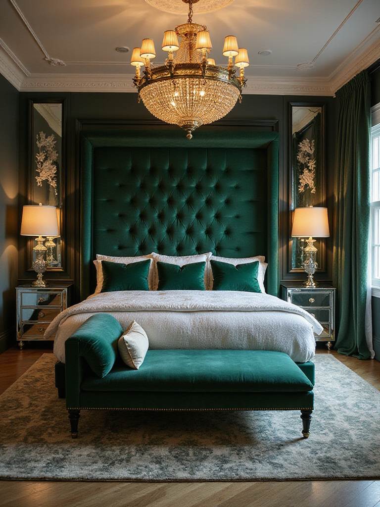 Luxurious Hollywood Regency bedroom with opulent decor and elegant furnishings