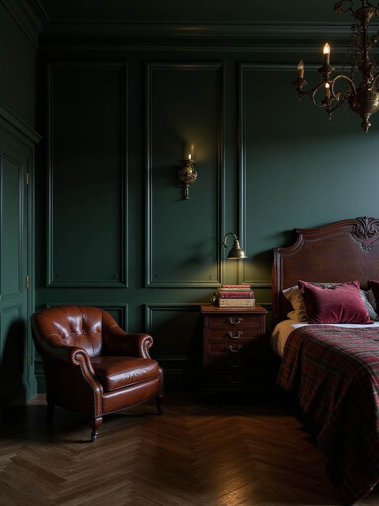 Moody Dark Academia bedroom with rich colors and vintage furnishings