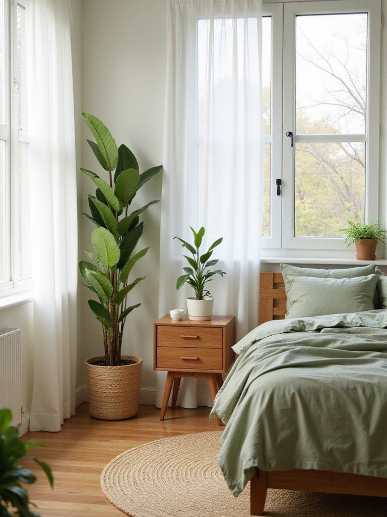 A serene bedroom featuring biophilic design with plants and natural light.