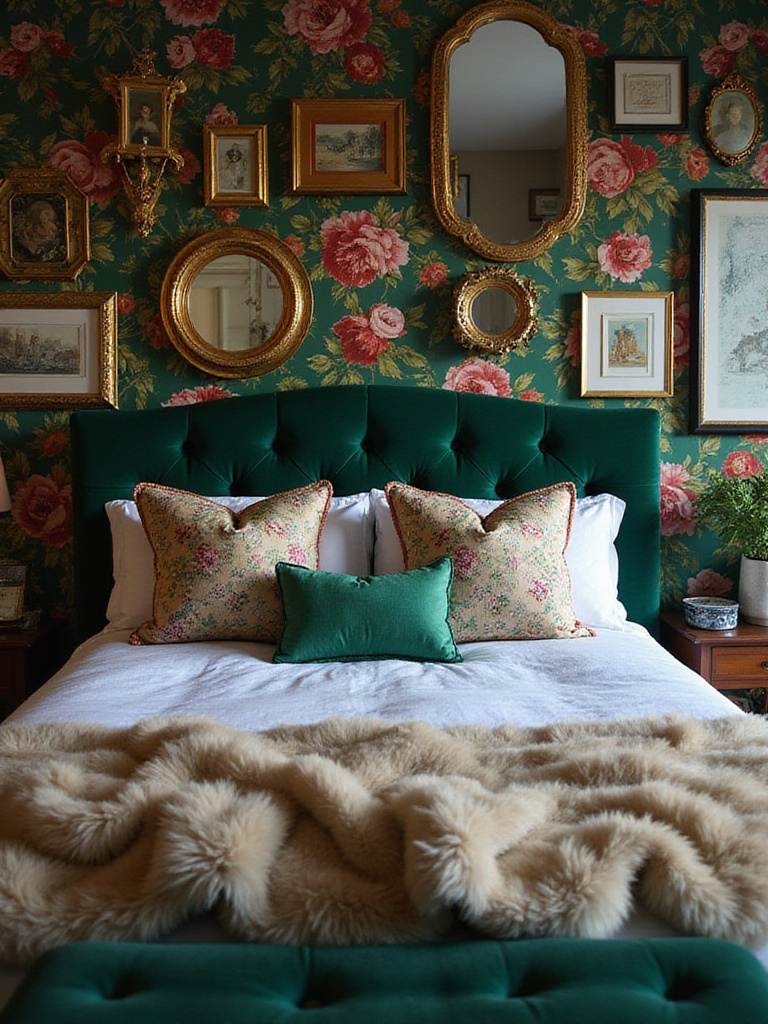 A richly layered maximalist bedroom with emerald green velvet headboard, floral wallpaper, and eclectic gallery wall.