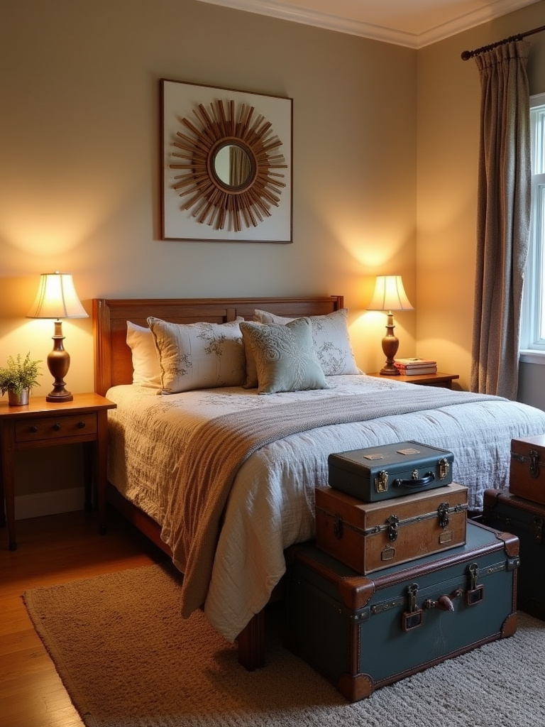 Bohemian bedroom featuring creative nightstand alternatives: stacked vintage suitcases and a wooden stool, adding character and functionality.