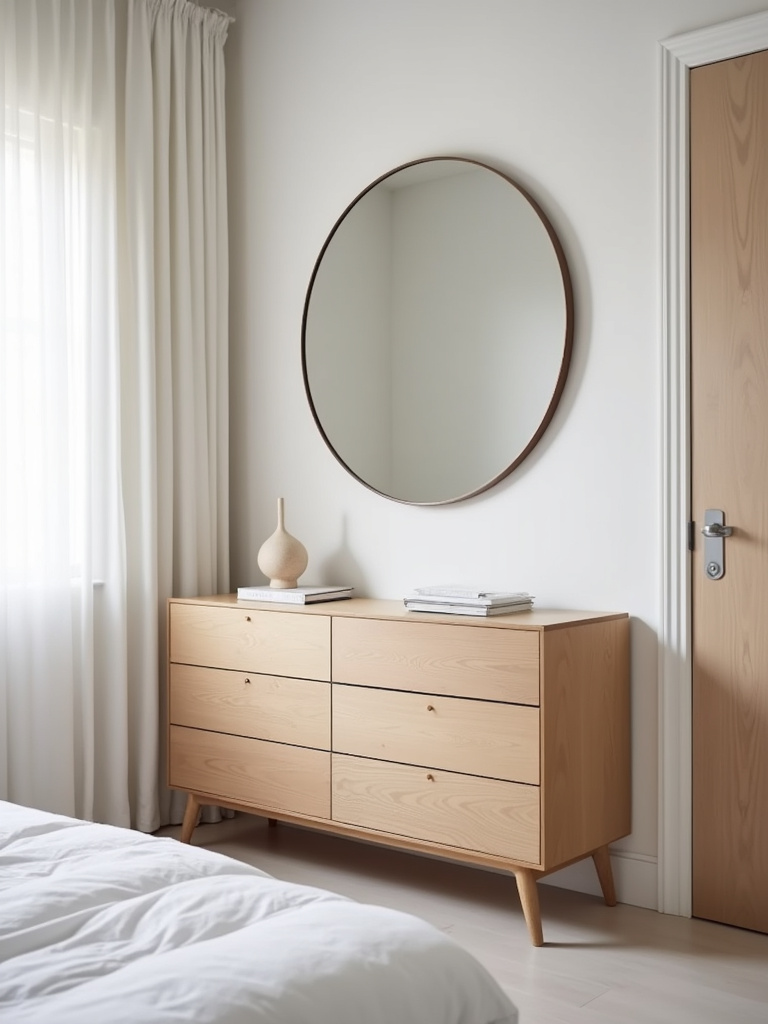 Scandinavian bedroom showcasing a light wood dresser placed against a long wall with a round mirror above, maximizing space and style.