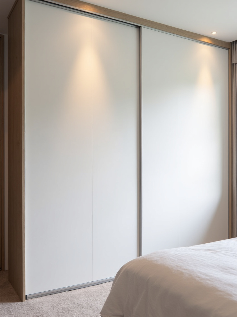 Contemporary bedroom featuring a seamless built-in wardrobe with white sliding doors, maximizing storage and creating a clean, uncluttered look.