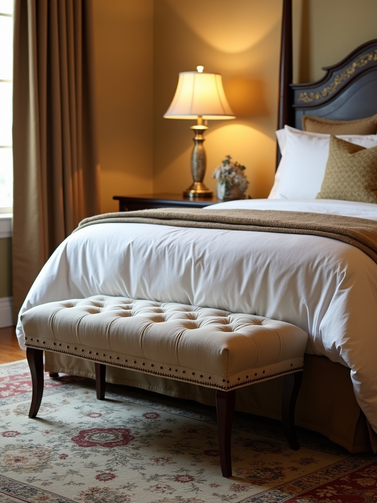 Traditional bedroom featuring an upholstered bench at the foot of the bed, adding both style and functional seating.