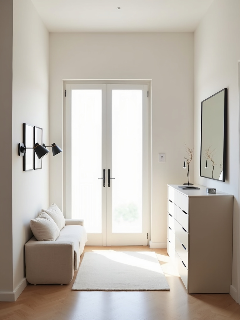 Small minimalist bedroom with wall-mounted nightstands, a tall dresser, and a large mirror, showcasing layout tricks for maximizing space.