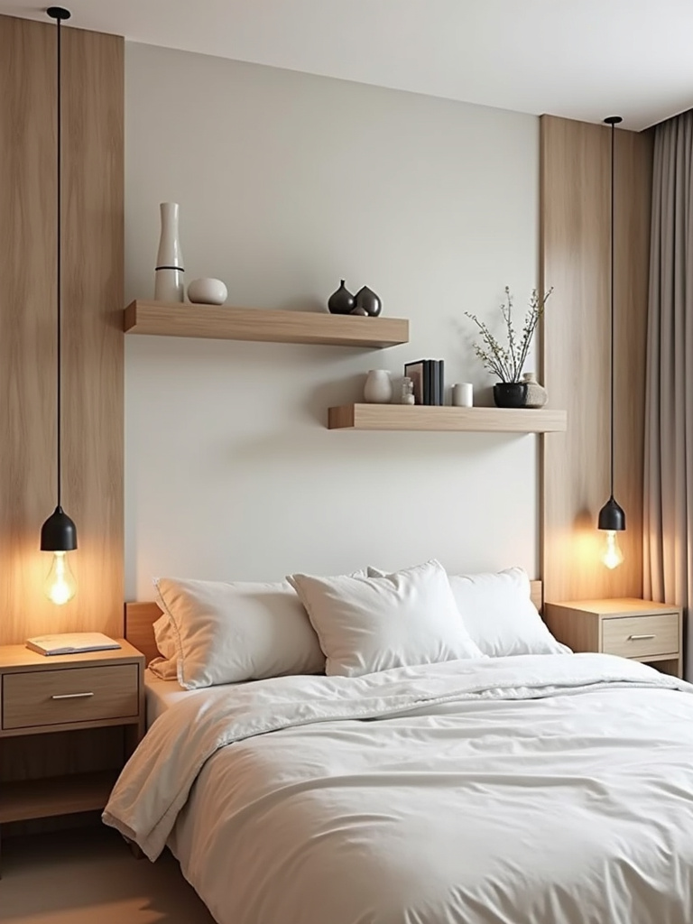 Contemporary bedroom featuring wall-mounted floating shelves serving as nightstands, highlighting vertical storage for a clutter-free space.