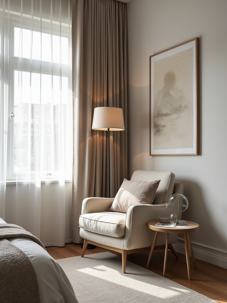 Modern bedroom showcasing an awkward corner transformed into a stylish reading nook with an armchair, lamp, and side table.