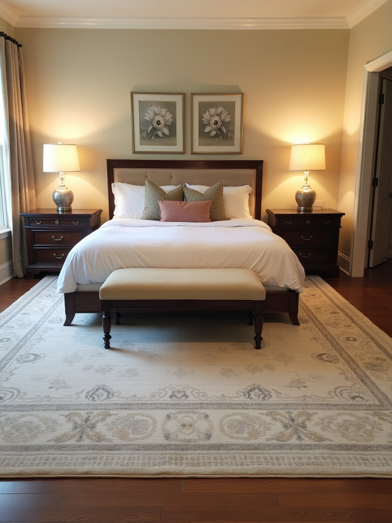 Transitional bedroom featuring a large area rug anchoring the bed and nightstands, creating visual harmony and defining the sleeping zone.