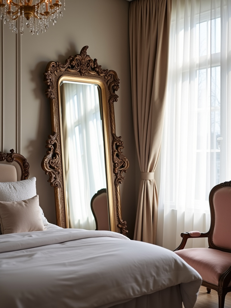 Glam bedroom featuring a large mirror leaning against a wall opposite a window, maximizing light reflection and creating a spacious feel.