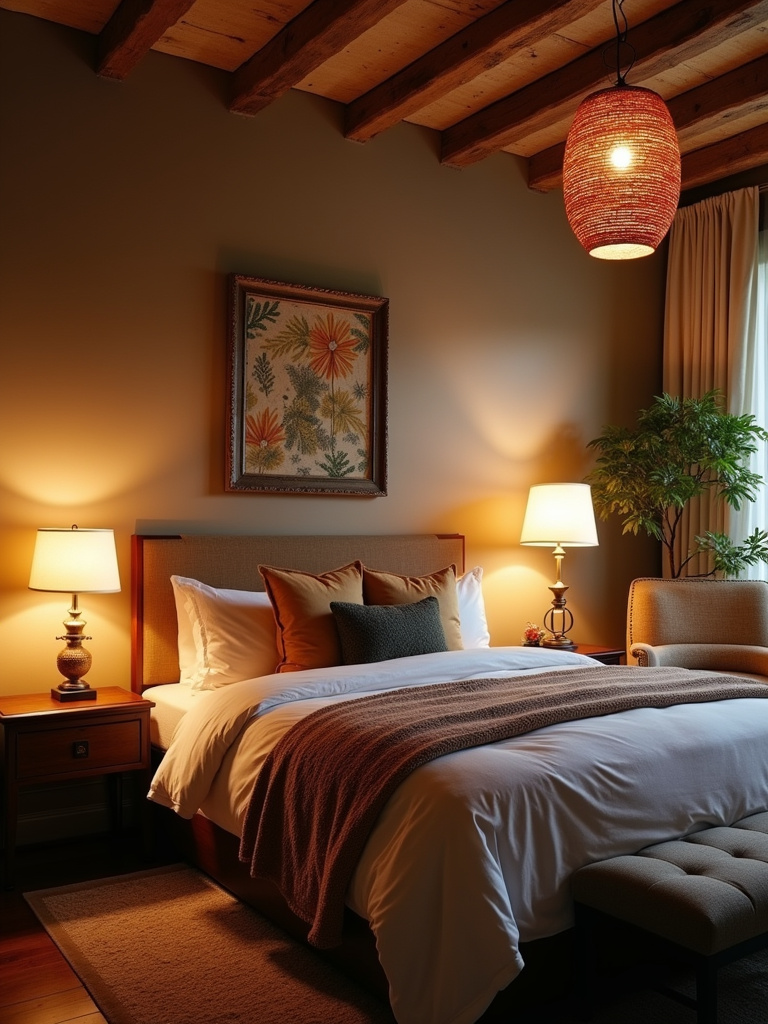 Eclectic bedroom showcasing layered lighting with pendant, table, and floor lamps, creating a warm and inviting ambiance.