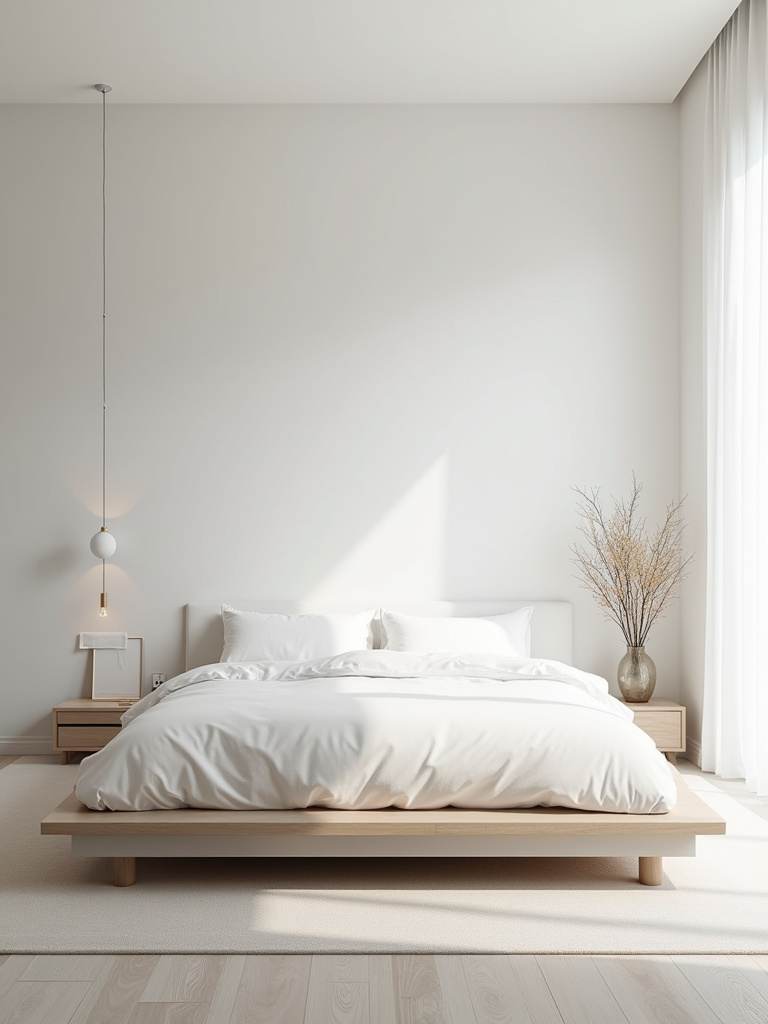Minimalist bedroom emphasizing decluttering and simple layout, creating a spacious and stress-free environment.