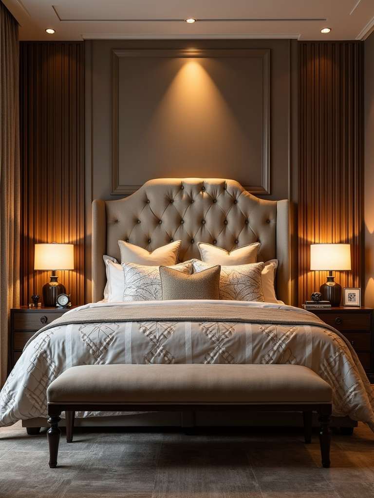 Art Deco bedroom with a statement headboard as the focal point, creating a glamorous and visually impactful centerpiece.