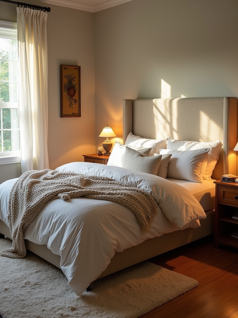 Farmhouse bedroom exuding coziness and warmth, featuring layered textures, warm colors, and inviting lighting for a relaxing retreat.