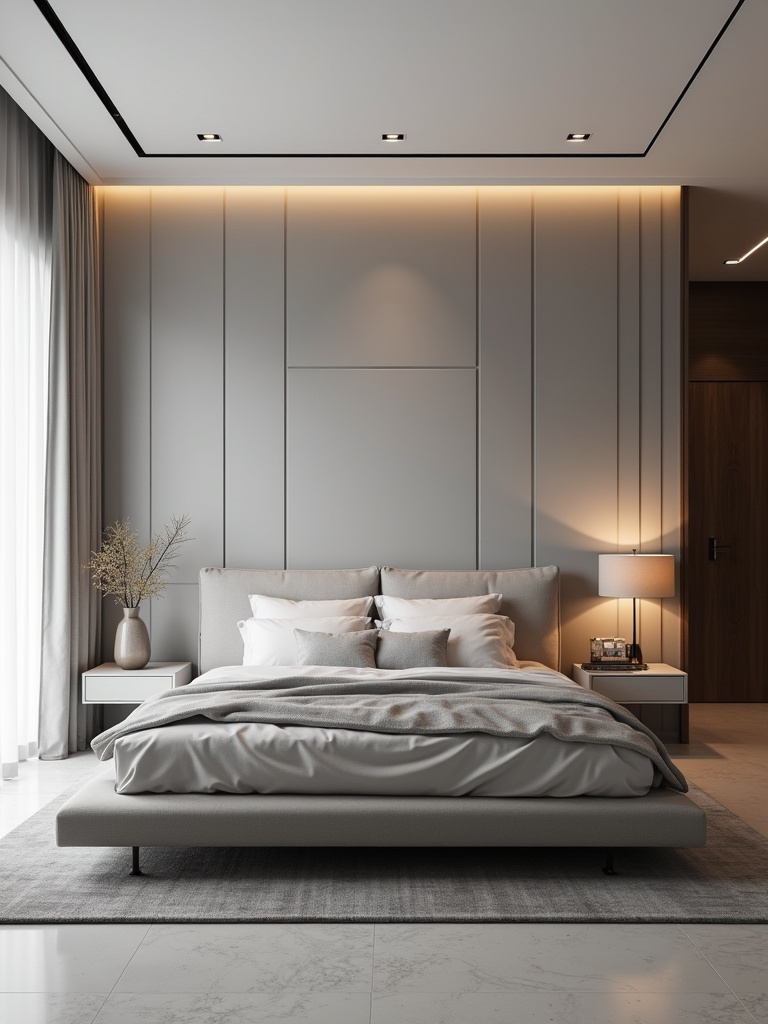 Sleek modern bedroom featuring a platform bed, minimalist furniture, and clean lines, embodying contemporary design principles.