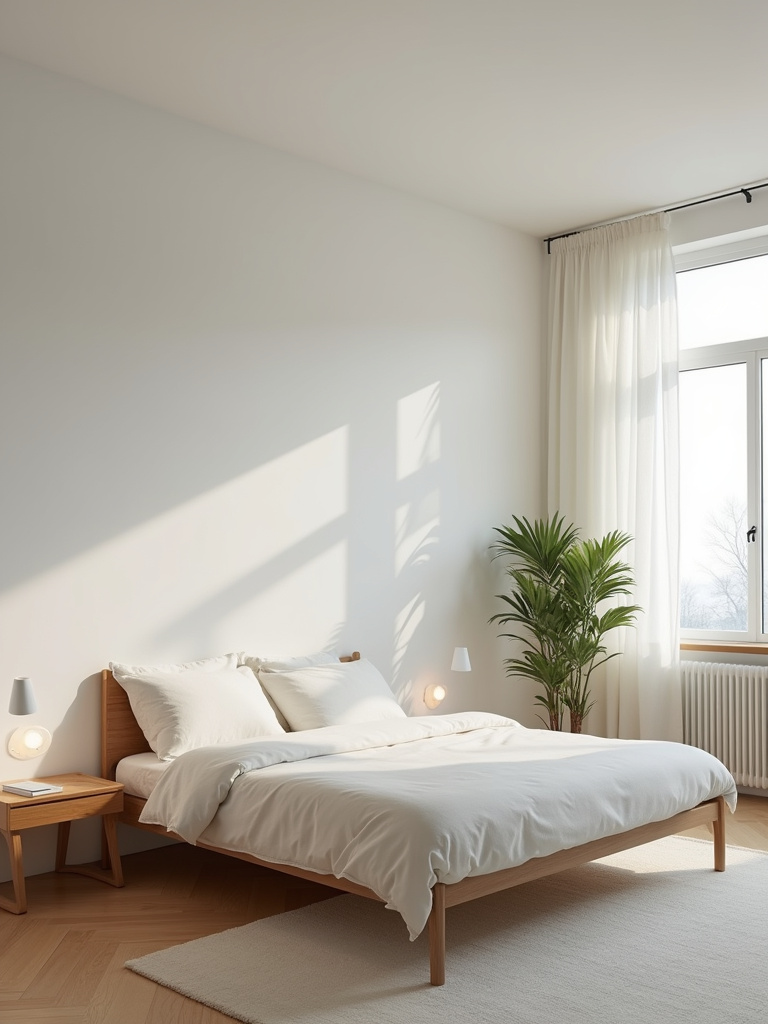 Minimalist bedroom with a spacious and uncluttered layout, emphasizing the importance of avoiding overcrowding for a relaxing atmosphere.