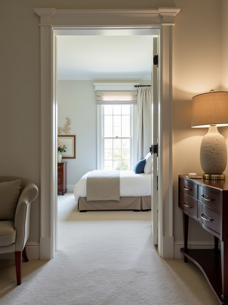 Transitional bedroom showcasing furniture arrangement that accommodates door swing, ensuring seamless access and functionality.