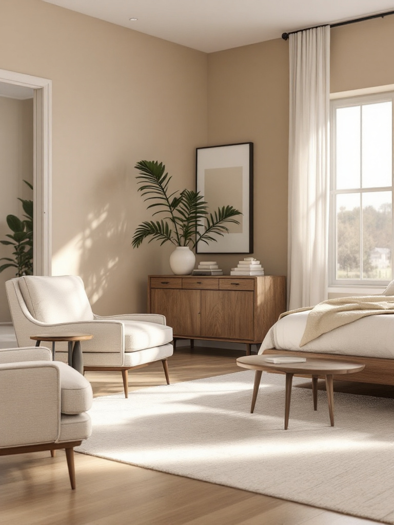 A modern bedroom styled with warm taupe walls, adding a touch of sophistication to the space.