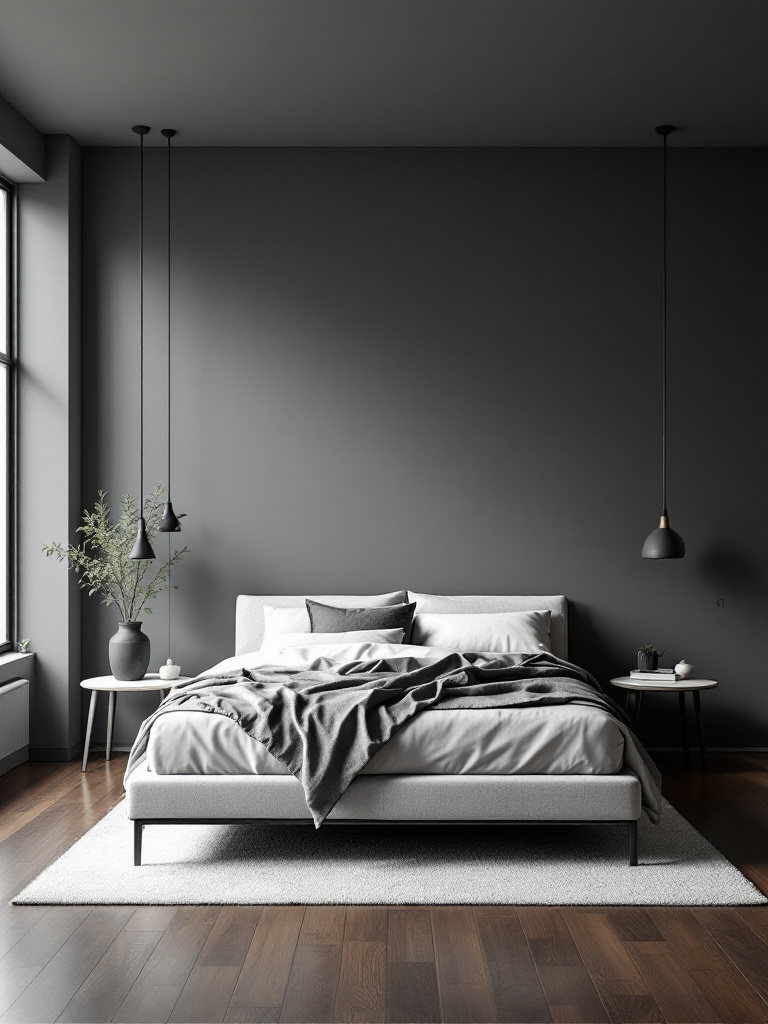 A modern bedroom with walls painted in a cool, sleek gray that brings a touch of sophistication to the space.