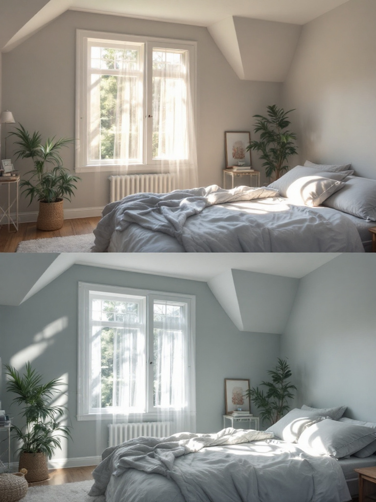 A cozy bedroom with soft gray walls that glow serenely in the natural light of a south-facing room.