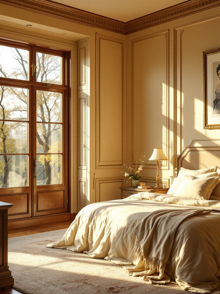 An elegant bedroom featuring walls painted in a delicate shade of beige, perfectly complemented by the warm, golden light of a south-facing window.