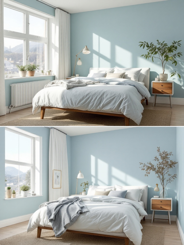 A modern bedroom with walls painted in soft, light blue, designed to capture the essence of natural light.