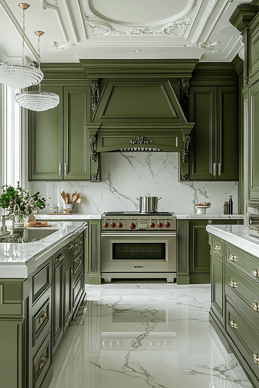 olive green and white kitchen