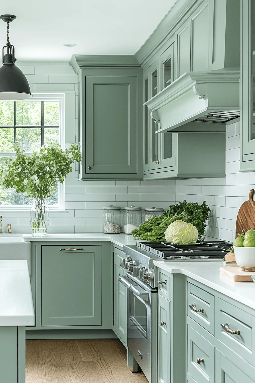celadon green and white kitchen