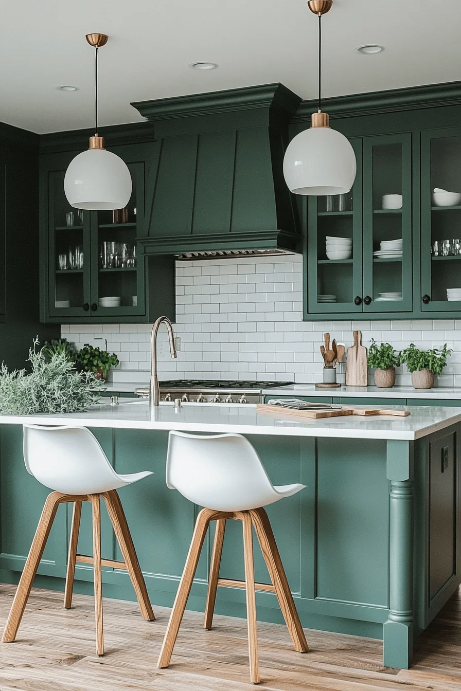 viridian green and white kitchen