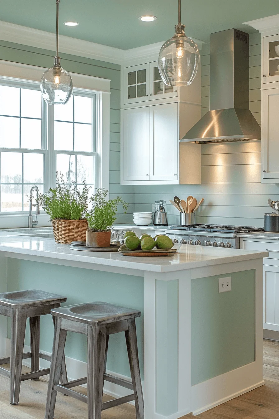 peppermint green and white kitchen