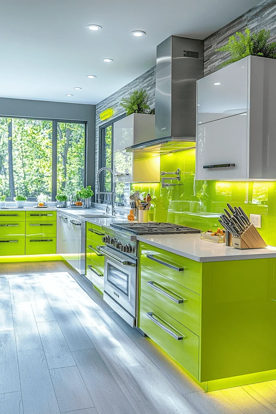 neon green and white kitchen