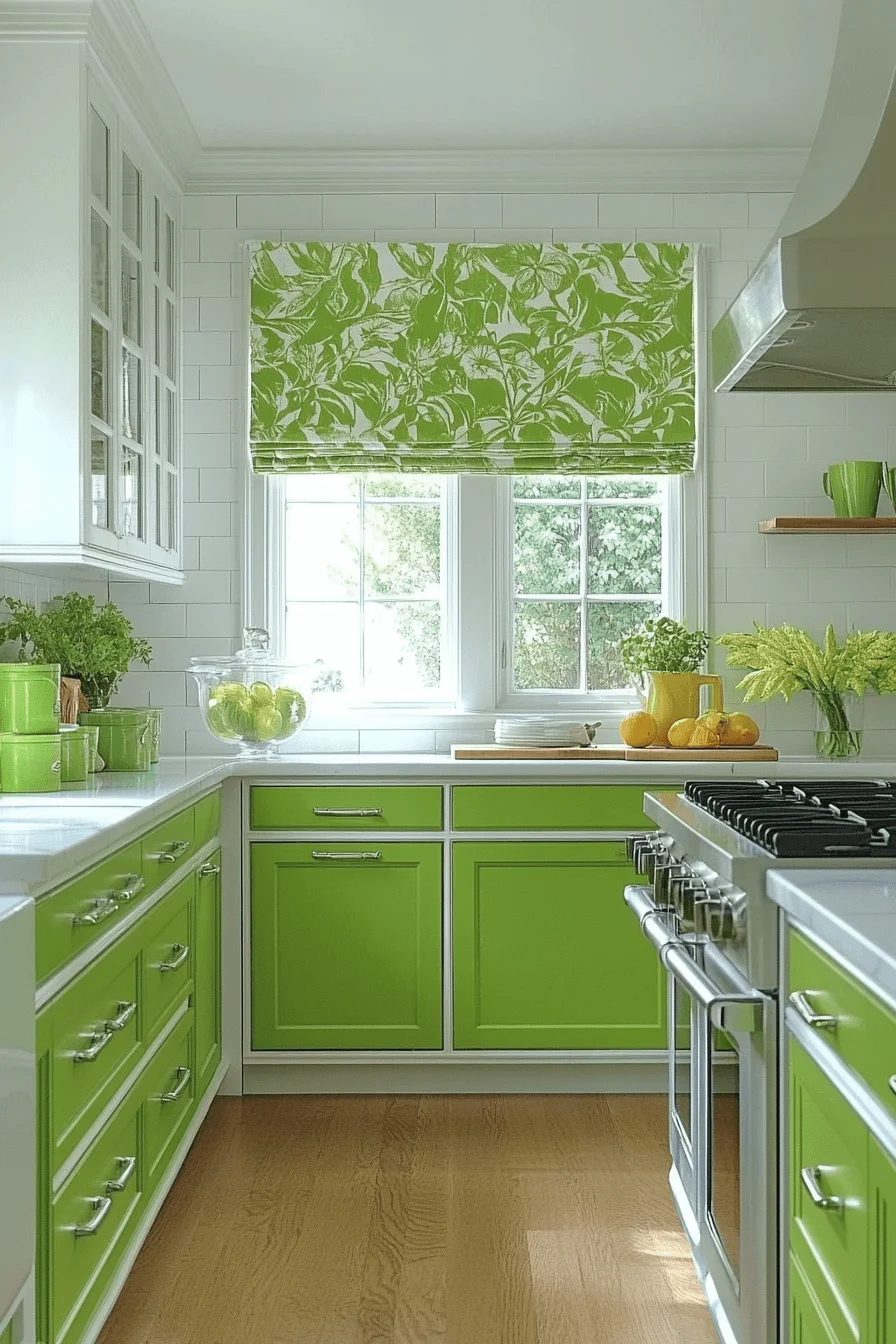 kelly green and white kitchen