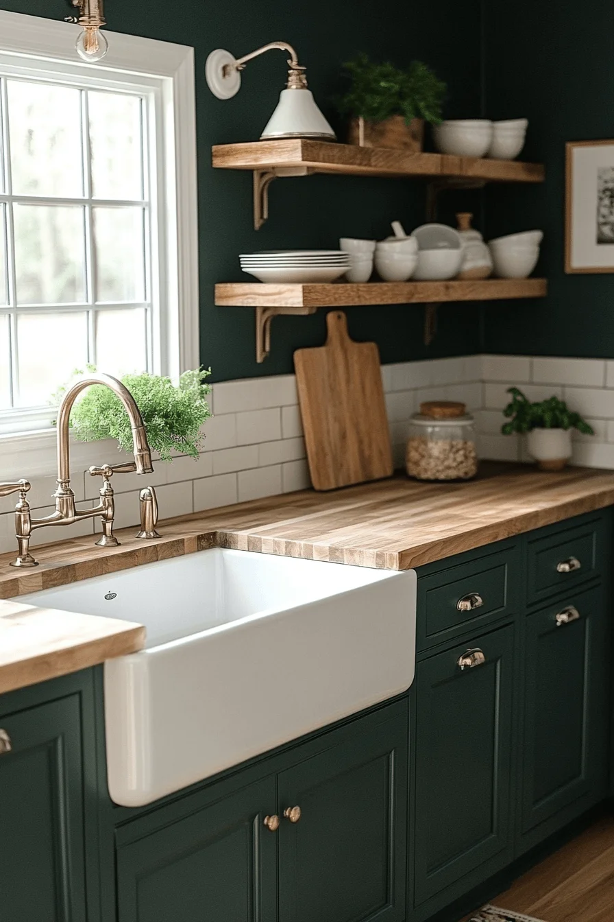hunter green and white kitchen