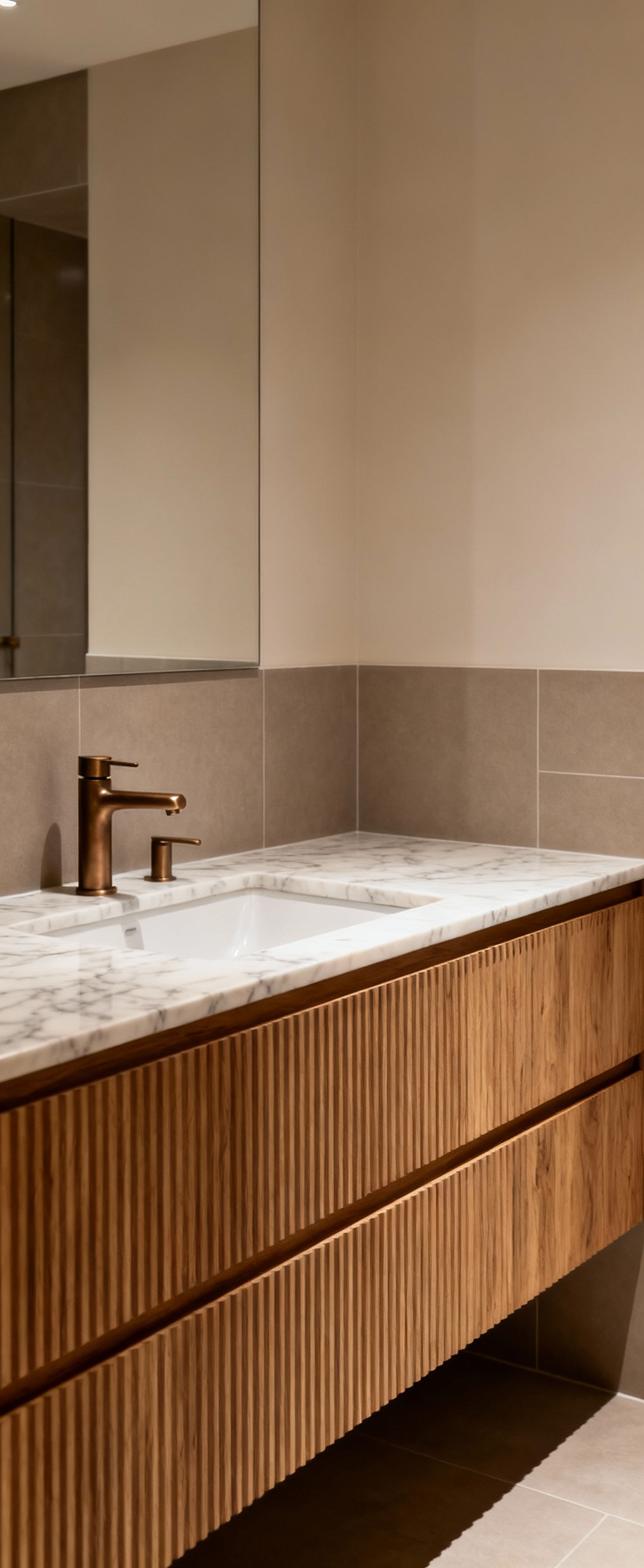 Luxurious bathroom showcasing a harmonious blend of materials, including polished marble, natural ribbed wood, matte ceramic tiles, and brushed bronze fixtures under soft lighting, focusing on texture and finish harmony.