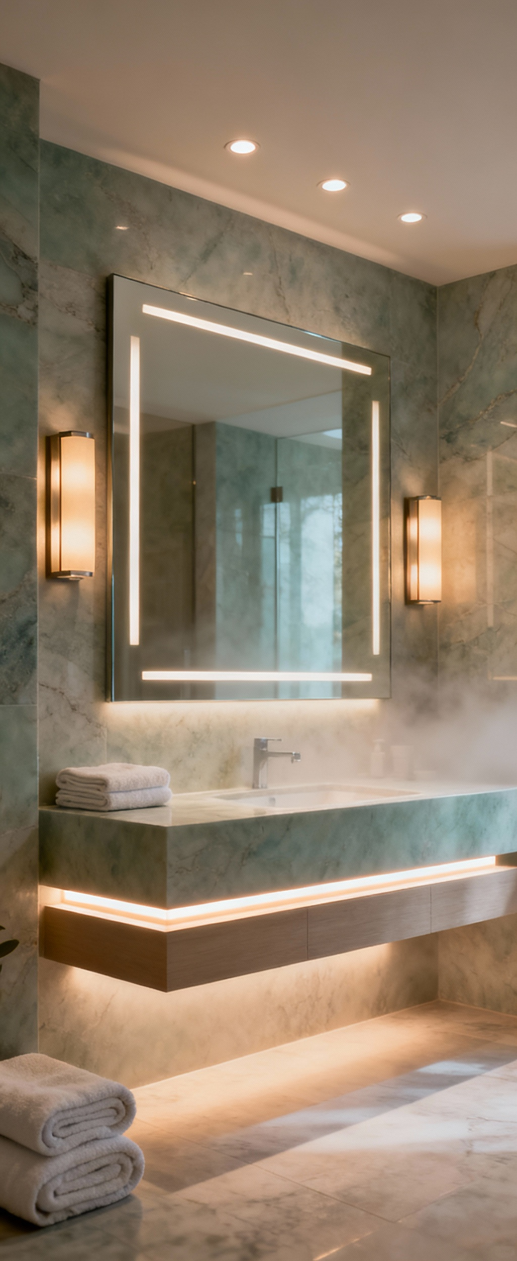 Luxurious spa-like bathroom with multiple sources of layered lighting including integrated vanity mirror LEDs, recessed ceiling lights, and under-vanity accent lighting, creating a warm, tranquil ambiance.