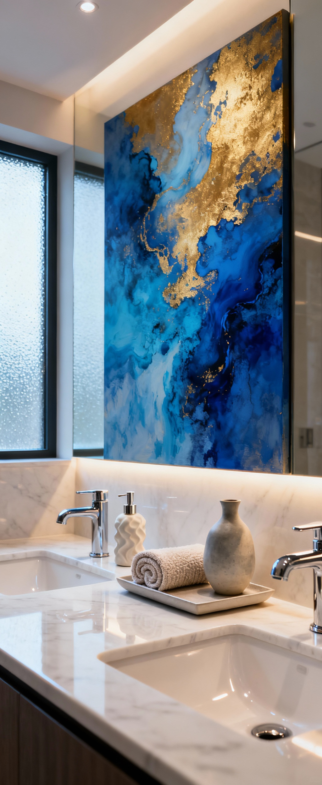 Luxurious bathroom with abstract statement art above vanity, featuring sculptural accessories and plush towels, radiating unique personality and curated design.