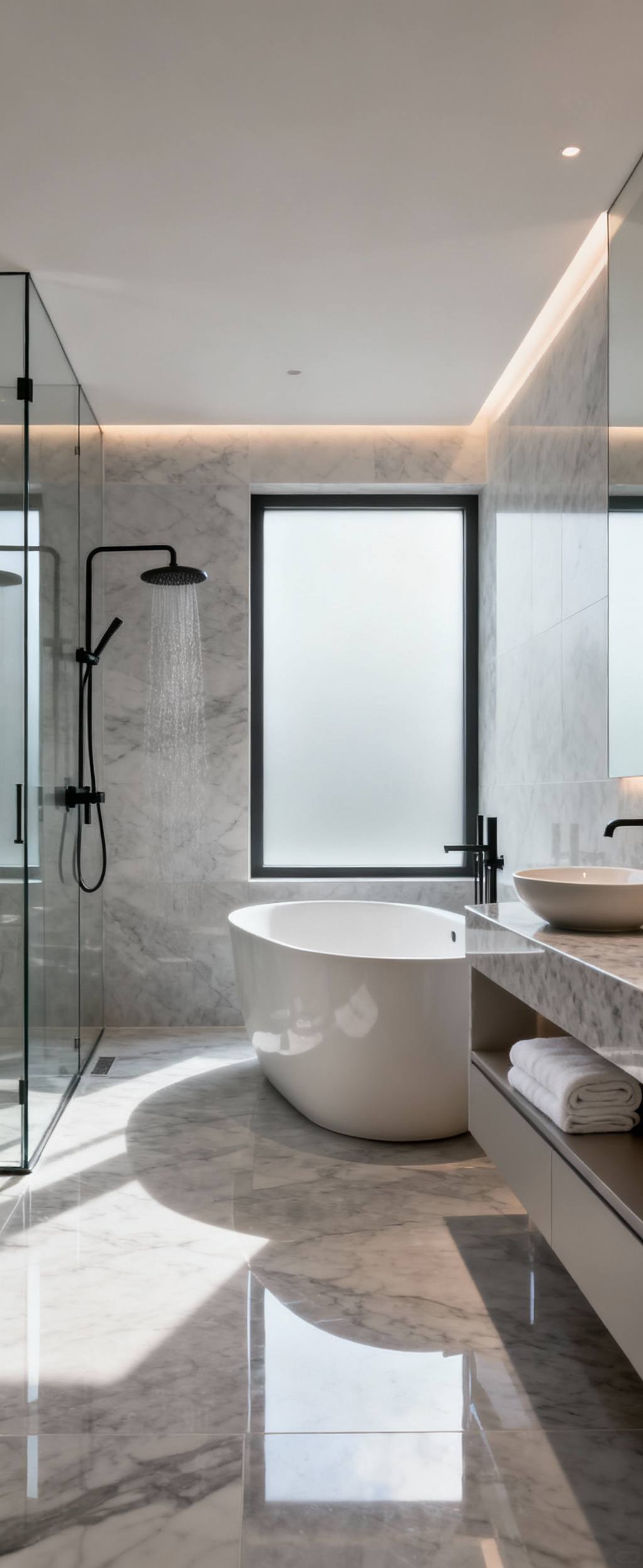 Elegant Hotel Chic bathroom featuring a freestanding tub, large marble-look tiles, frameless glass shower, and matte black fixtures.