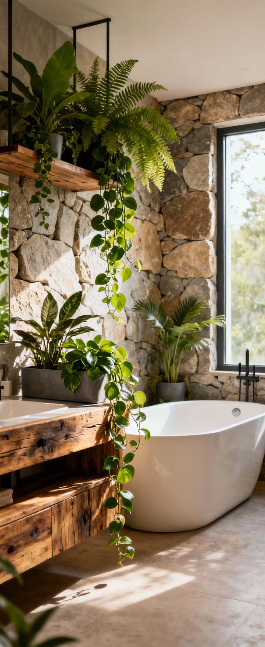 A serene bathroom showcasing biophilic design with lush green plants, a natural stone wall, reclaimed wood vanity, and ample natural light, creating a relaxing spa-like atmosphere.