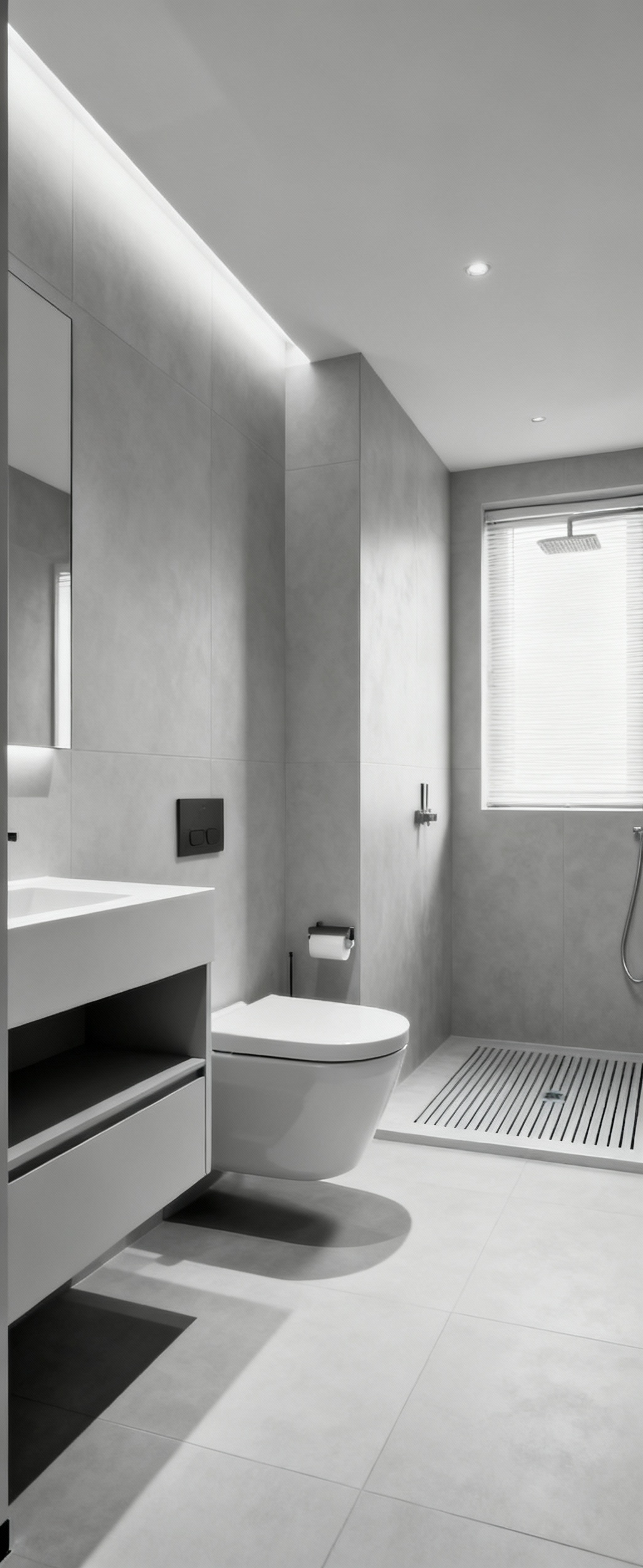 Modern small bathroom with wall-mounted vanity and wet-room shower, optimized for space and luxury, professional architectural photography.