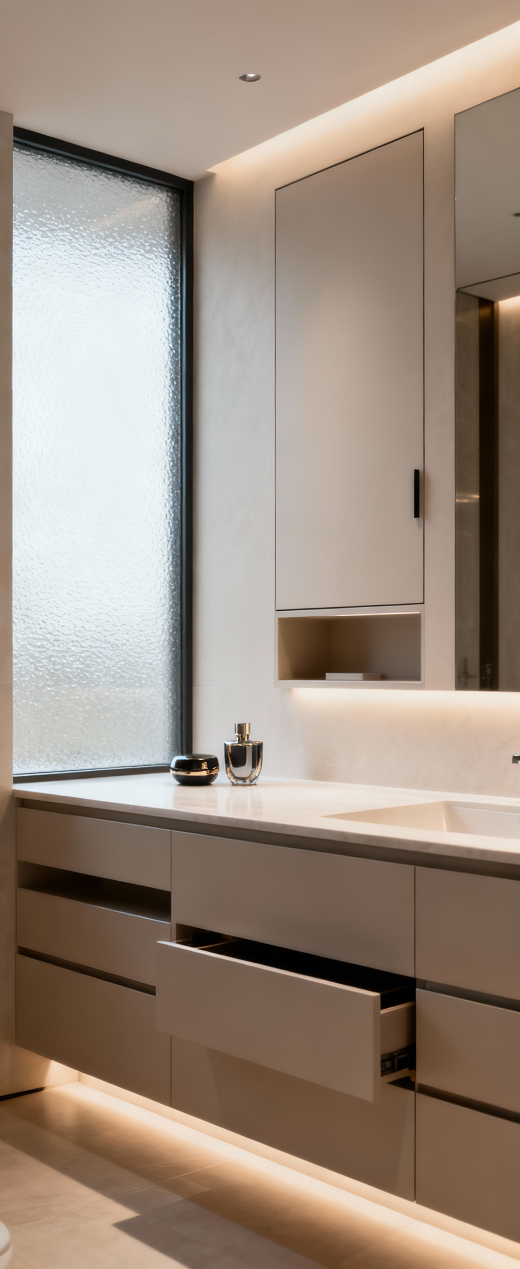 A luxurious, modern bathroom showcasing an impeccably clean, clutter-free countertop with integrated smart storage solutions. Sleek, hidden drawers and recessed shelving hint at organized interiors, promoting a serene and spacious feel.