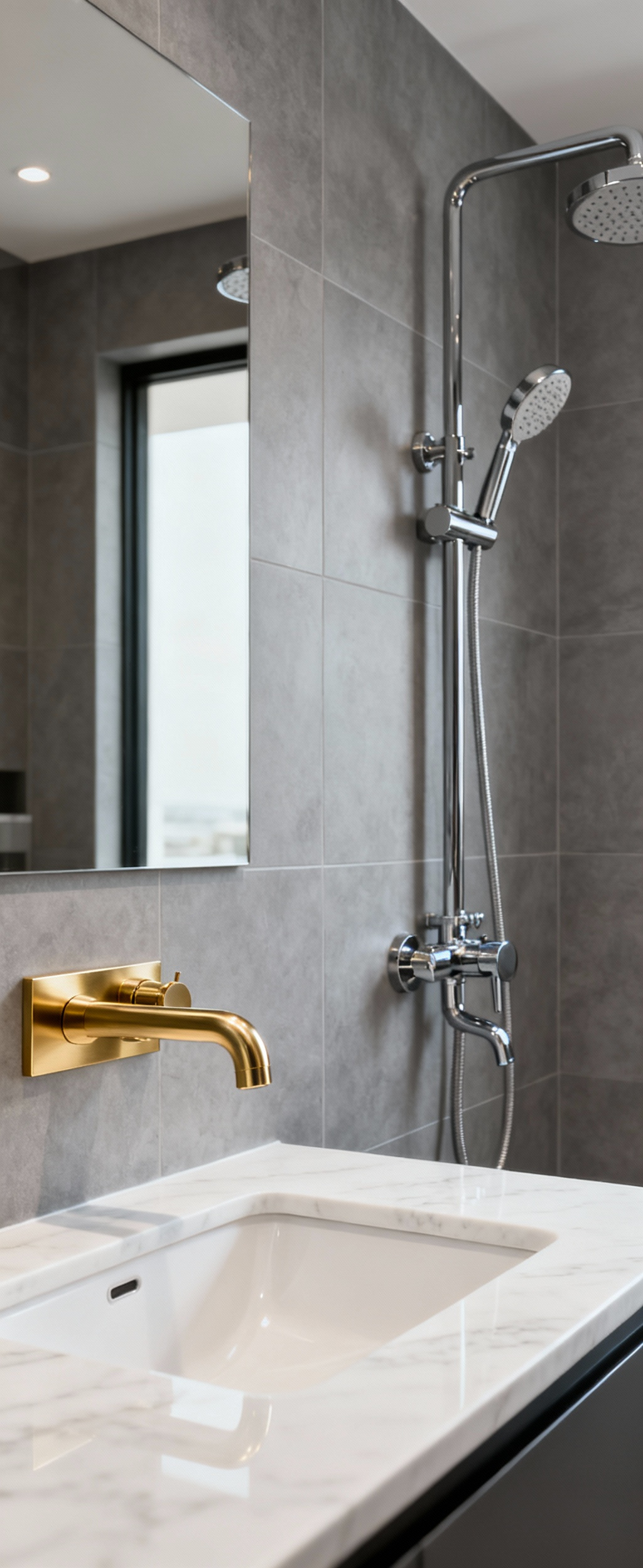 A modern luxury bathroom featuring durable brushed gold and polished chrome plumbing fixtures against marble and large format tiles, emphasizing lasting style and quality.