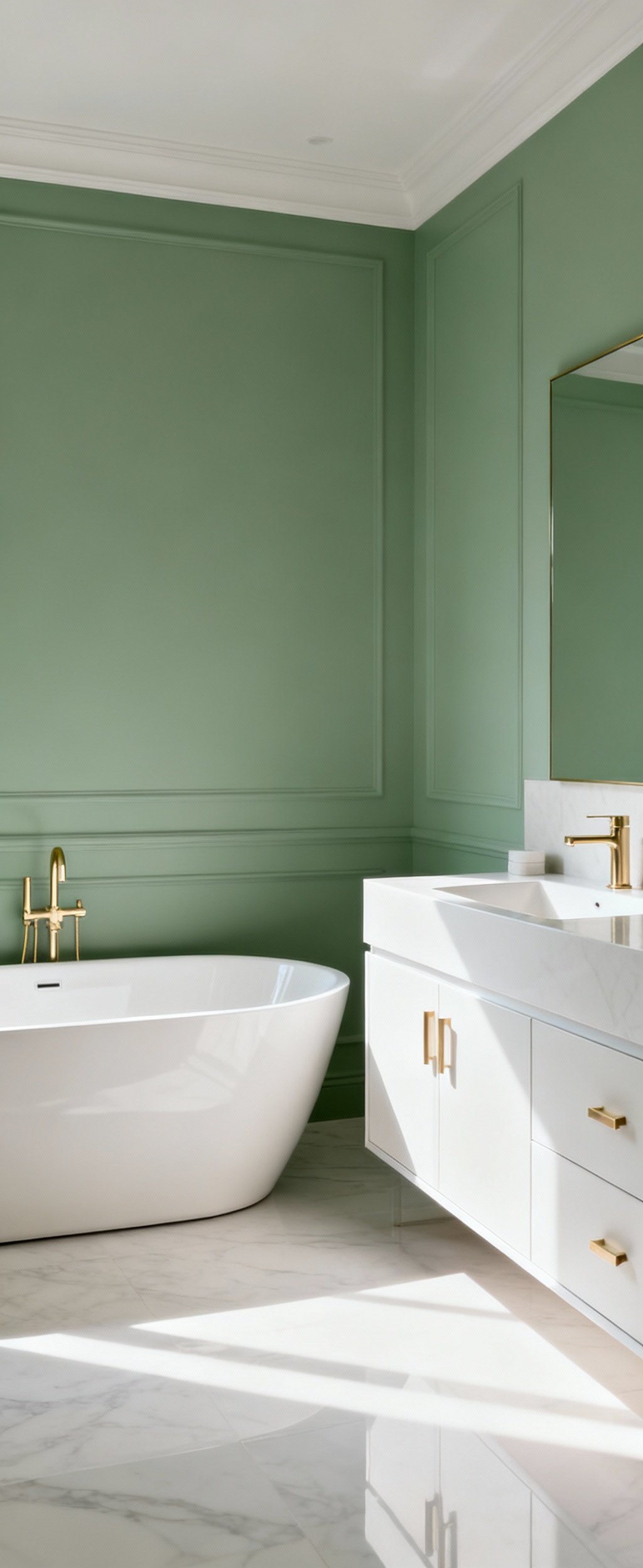 A luxurious bathroom featuring a harmonious color palette of serene muted greens, soft whites, and brushed gold accents, creating a tranquil and cohesive spa-like environment.