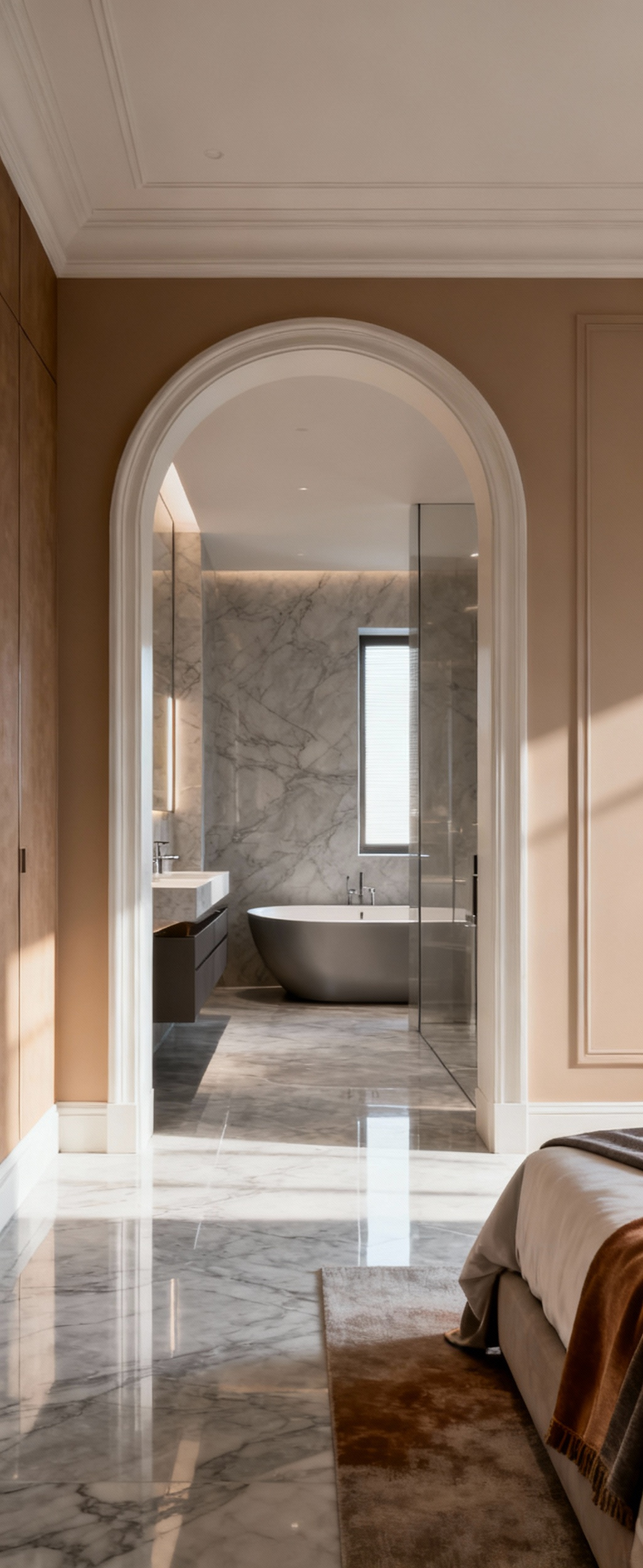 Elegant master bathroom design with open doorway leading to a luxurious bedroom, showcasing seamless material transitions and a cohesive color palette for enhanced aesthetic flow.