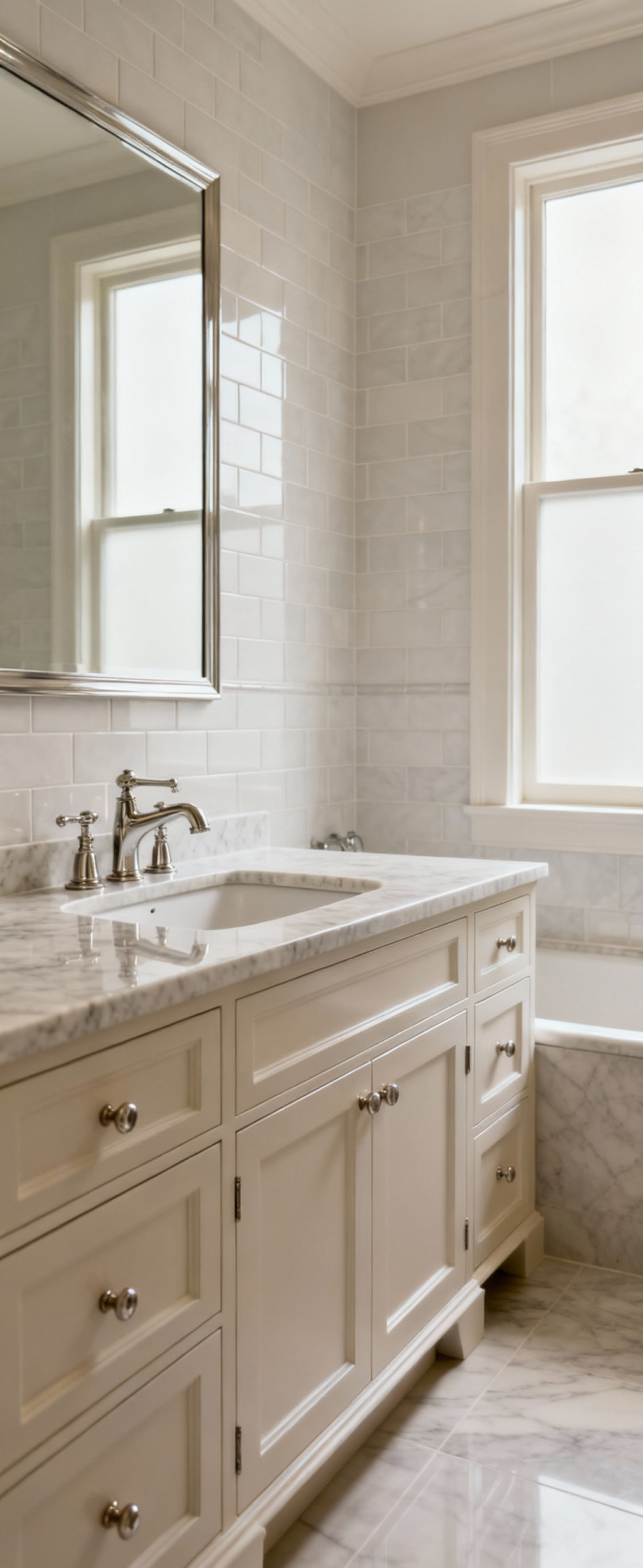 A luxurious bathroom featuring a natural stone vanity, subway tile walls, and classic fixtures, embodying timeless bathroom finishes and enduring design.